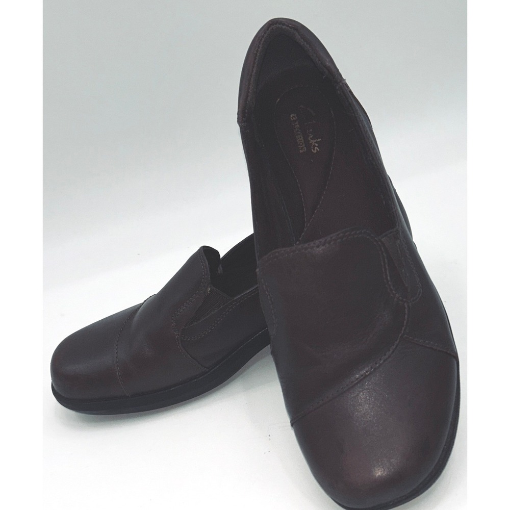 Clarks Womens 9 Wide Brown Leather Slip On Loafers Low Wedge Comfort